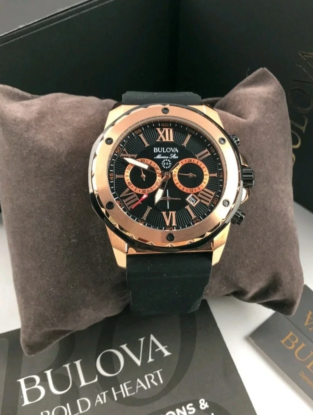 Bulova Marine Star 98B278 Black Dial Silicone Strap Men's Quartz Watch 44 mm